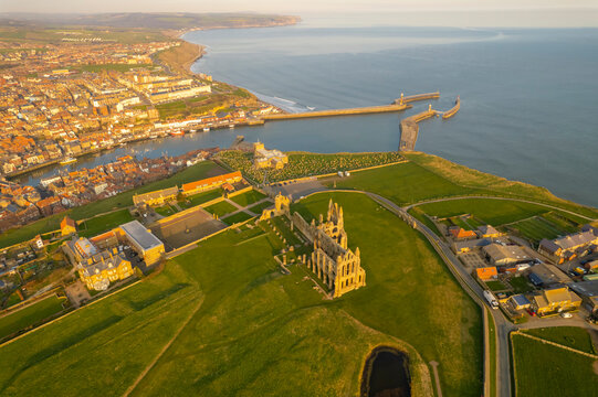 Whitby Township Aerial, Yorkshire Late afternoon Misty Sunset Light Fog Harbor Harbour Abbey and Lighthouse Pier