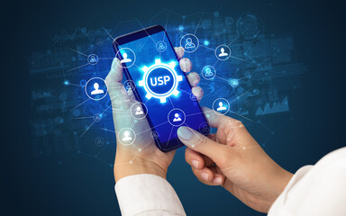 Hand using smartphone with technology concept