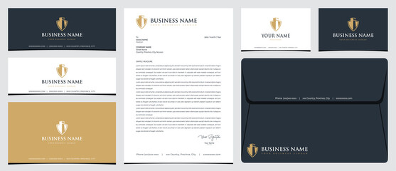 Fortress shield logo with stationery design, business card and social media banner designs