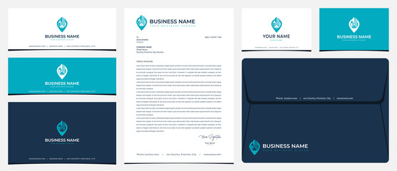 Pin city logo with stationery, business card and social media banner designs