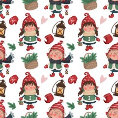 Seamless raster pattern with cute winter gnomes