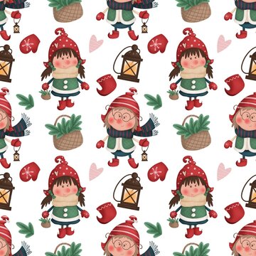 Seamless raster pattern with cute winter gnomes