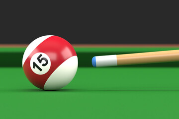 Close-up of billiard ball number fifteen in brown and white color on billiard table, snooker aim the cue ball. Realistic glossy billiard ball. 3d rendering 3d illustration