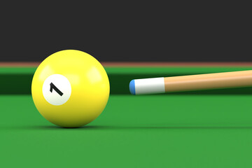 Close-up of billiard ball number one yellow color on billiard table, snooker aim the cue ball. Realistic glossy billiard ball. 3d rendering 3d illustration