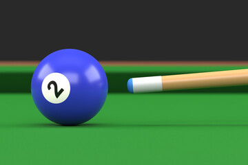 Close-up of billiard ball number two blue color on billiard table, snooker aim the cue ball. Realistic glossy billiard ball. 3d rendering 3d illustration