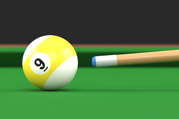 Close-up of billiard ball number nine in yellow and white color on billiard table, snooker aim the cue ball. Realistic glossy billiard ball. 3d rendering 3d illustration