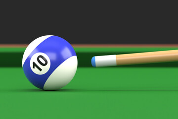 Close-up of billiard ball number ten in blue and white color on billiard table, snooker aim the cue ball. Realistic glossy billiard ball. 3d rendering 3d illustration
