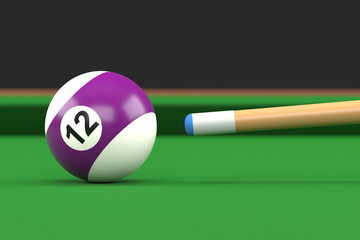 Close-up of billiard ball number twelve in purple and white color on billiard table, snooker aim the cue ball. Realistic glossy billiard ball. 3d rendering 3d illustration