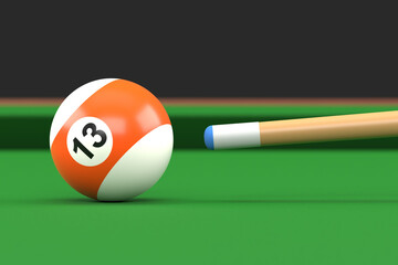 Close-up of billiard ball number thirteen in orange and white color on billiard table, snooker aim the cue ball. Realistic glossy billiard ball. 3d rendering 3d illustration