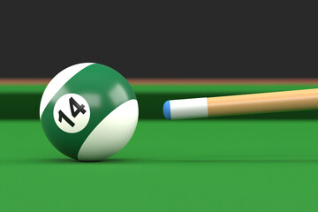 Close-up of billiard ball number fourteen in green and white color on billiard table, snooker aim the cue ball. Realistic glossy billiard ball. 3d rendering 3d illustration