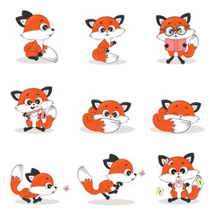 Set of cartoon red fox, funny character,vector illustration, forest animals, textile print, postcard, packaging, poster