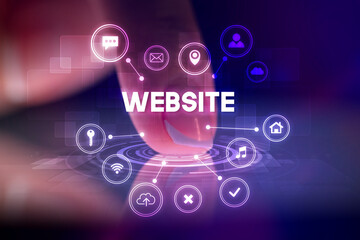 Finger touching tablet with web technology icons concept