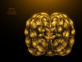 Polygonal vector illustration of a human brain on a dark background. Brain anatomy low poly art. Nervous system medical banner, template or background. Artificial intelligence concept