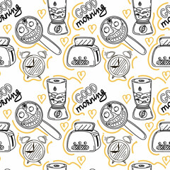 Seamless pattern, hand-drawn techniques in doodle style. Toaster, blender, frying pan, and hand-drawn lettering. Breakfast. Good Morning. Healthy Eating. A simple doodle style vector.
