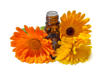 Cosmetic oil or perfume or medication in brown glass with  flowers of calendula