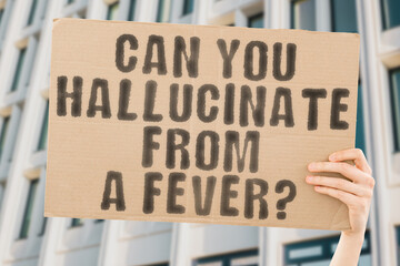 The question " Can you hallucinate from fever? " is on a banner in men's hands with blurred background. Home. Psychosis. Disorder. Person. Split. Identity. Psychotic. Ache. Bedroom. Hospital. Issue
