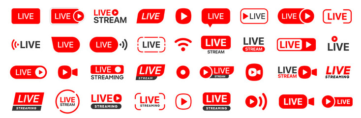 Live streaming icon set. Set of live stream icons. Set of video broadcasting icon.. Button, red symbols for TV, news, movies, shows. Online stream icons.