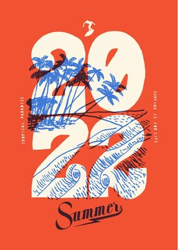 2022 beach. Tropical beach with palm trees and waves and large 2022 numbers all over . 2022 tropical beach vacation vintage typography silkscreen t-shirt print vector illustration.
