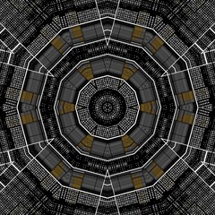 black and white and shades of grey grid dot and spot pattern with gold contrasting portions in hexagonal kaleidoscopic design floral fantasy