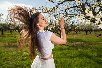 Obraz premium Beautiful woman in a plum orchard in bloom