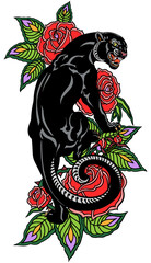 Roaring panther climbing up and blooming roses. Angry black leopard. Tattoo style vector illustration isolated on white © insima