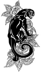 Roaring panther climbing up and blooming roses. Angry black leopard. Tattoo style vector illustration isolated on white