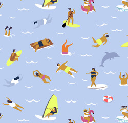People relaxing in sea or swimming pool. Vacation character set