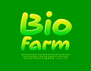 Vector green logo Bio Farm. Playful Handwritten Font. Modern Alphabet Letters and Numbers. 