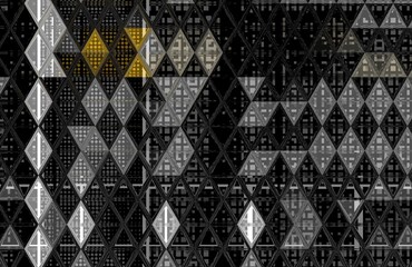 black and white and shades of grey grid dot and spot pattern with gold contrasting portions in triangular mosaic design