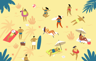 Summer people on beach. man and woman enjoying sun and vacations.