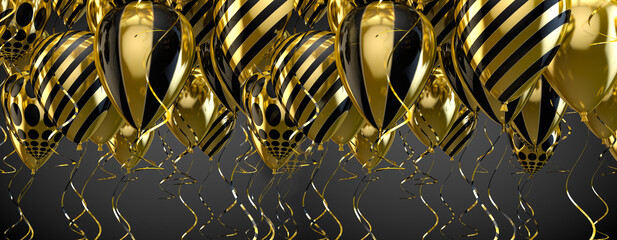 Fondo festivo y de celebración. Globos de oro.Elegantes globos de helio volando sobre fondo negro para los anuncios, cumpleaños e invitaciones.ilustración 3d.