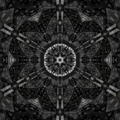 black and white and shades of grey grid dot and spot pattern with gold contrasting portions in hexagonal kaleidoscopic design floral fantasy