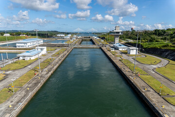 Panama Canal: Agua Clara Locks, set of three new locks with Atlantic Bridge. Agua Clara control tower (torre de control). The Atlantic Locks connect Limon Bay to Gatun Lake, Atlantic to Pacific