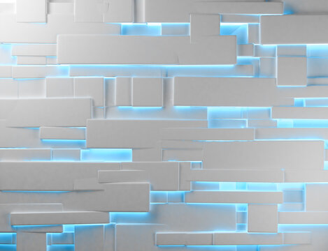 Fondo blanco brillante de tecnología y ciencia. Ilustración 3d.  Formas geométricas y luces modernas de neón azul de fondo en blanco.