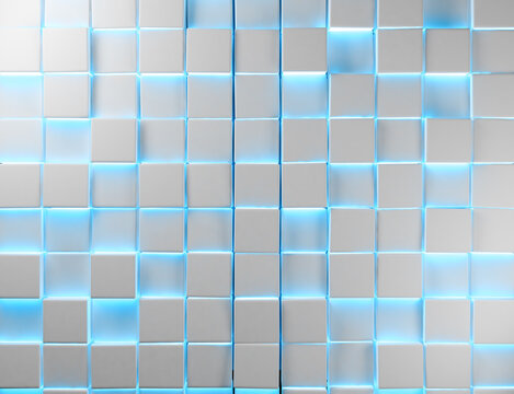 Fondo blanco brillante de tecnología y ciencia. Ilustración 3d.  Formas geométricas y luces modernas de neón azul de fondo en blanco.