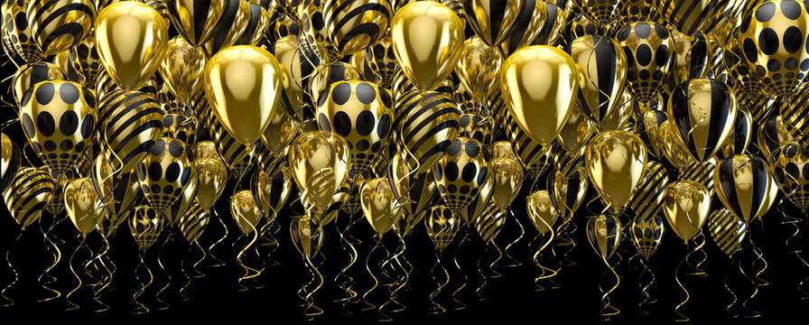 Fondo festivo y de celebración. Globos de oro.Elegantes globos de helio volando sobre fondo negro para los anuncios, cumpleaños e invitaciones.ilustración 3d.