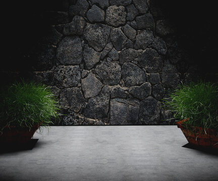 Fondo de suelo y pared de cemento y piedras. Interior de diseño industrial grunge oscuro.