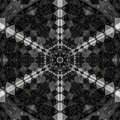 black and white and shades of grey grid dot and spot pattern with gold contrasting portions in hexagonal kaleidoscopic design floral fantasy