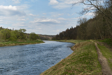 Fototapeta na wymiar Green grass and forest and a quiet calm river flows by the path. The bank of the Moskva River in the countryside of the Moscow region in late spring. A sunny summer day in the village.
