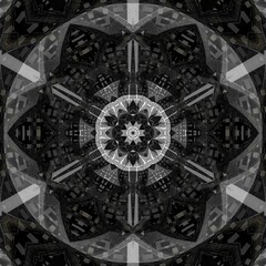 black and white and shades of grey grid dot and spot pattern with gold contrasting portions in hexagonal kaleidoscopic design floral fantasy