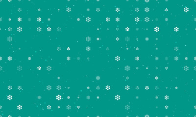 Seamless background pattern of evenly spaced white hive symbols of different sizes and opacity. Vector illustration on teal background with stars
