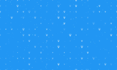 Seamless background pattern of evenly spaced white astrological neptune symbols of different sizes and opacity. Vector illustration on blue background with stars