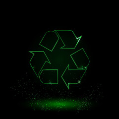 A large green outline recycling symbol on the center. Green Neon style. Neon color with shiny stars. Vector illustration on black background