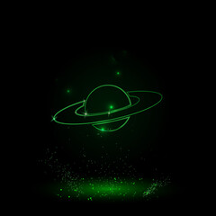 A large green outline saturn symbol on the center. Green Neon style. Neon color with shiny stars. Vector illustration on black background