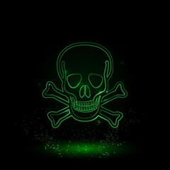 A large green outline skull on the center. Green Neon style. Neon color with shiny stars. Vector illustration on black background