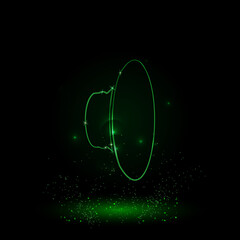 A large green outline speaker symbol on the center. Green Neon style. Neon color with shiny stars. Vector illustration on black background