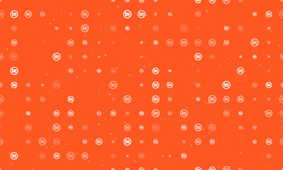 Seamless background pattern of evenly spaced white no video symbols of different sizes and opacity. Vector illustration on deep orange background with stars