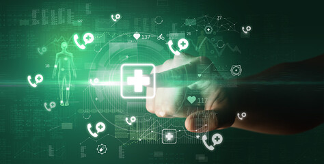 Doctor hand pressing futuristic health device with medical symbol on screen