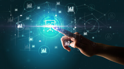 Businessman hand pressing stock graphic information on multitouch screen