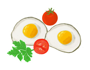 Eggs, two egg glaze, tomato and greens, color illustration on a white background